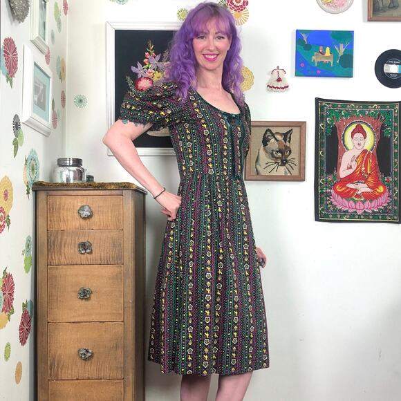 Vintage Scandinavian Bird Print Dress, Dark Cottagecore Puff Sleeve Dress, Sz M - Picture 2 of 10